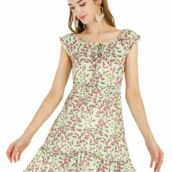 Allegra K Women's Floral Tie Elastic Boat Neck Tiered Ruffled Hem A-line Dress