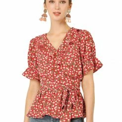 Allegra K Women's Sweet Fruit Crossover V Neck Ruffle Wrap Blouse Top