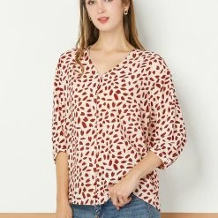 Allegra K Women's 3/4 Sleeve Button Down Shirts Casual V Neck Asymmetrical Dot Print Top Loose Blouse
