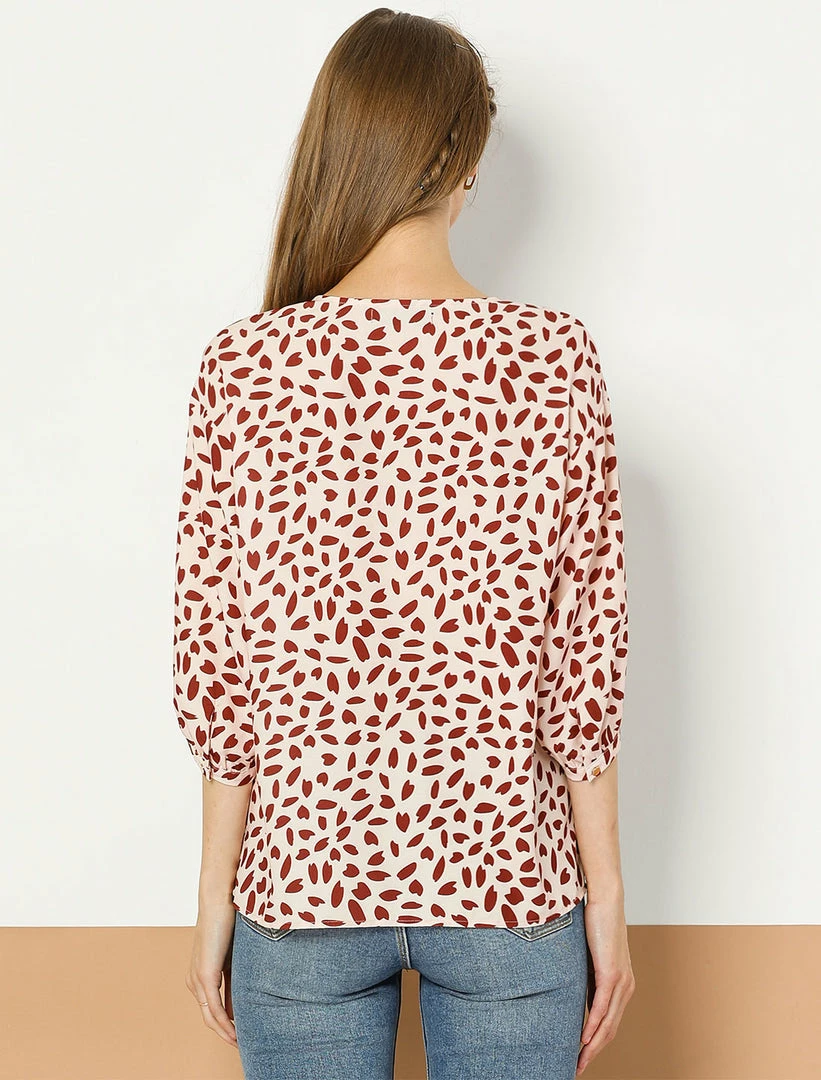 Allegra K Women's 3/4 Sleeve Button Down Shirts Casual V Neck Asymmetrical Dot Print Top Loose Blouse 7 Allegra K Women's 3/4 Sleeve Button Down Shirts Casual V Neck Asymmetrical Dot Print Top Loose Blouse