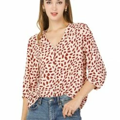 Allegra K Women's 3/4 Sleeve Button Down Shirts Casual V Neck Asymmetrical Dot Print Top Loose Blouse