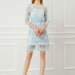 Allegra K Women's Lace Floral Round Neck Scalloped Hem Semi Sheer A-Line Dress