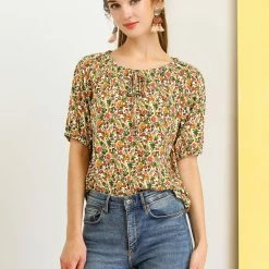Allegra K Women's Floral Print Tie Neck Blouse Casual Puff Short Sleeve Tops