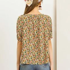 Allegra K Women's Floral Print Tie Neck Blouse Casual Puff Short Sleeve Tops