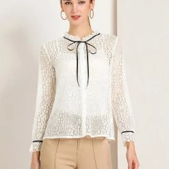 Allegra K Women's Lace Top Floral Semi Sheer Long Sleeve Button Down Office Business Blouse