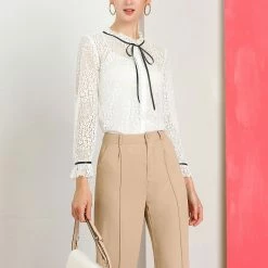 Allegra K Women's Lace Top Floral Semi Sheer Long Sleeve Button Down Office Business Blouse