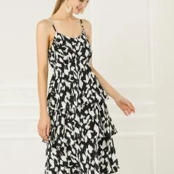 Allegra K Women's Animal Pattern Elastic Waist Layered Ruffled Hem Cami Dress