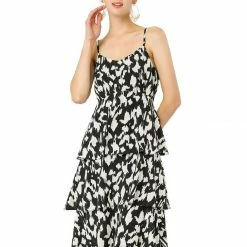 Allegra K Women's Animal Pattern Elastic Waist Layered Ruffled Hem Cami Dress