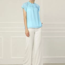 Allegra K Women's Casual Shirts Short Sleeves Ruched Round Neck Tops With Ruffle Decor