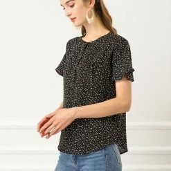 Allegra K Women's Dots Printed Ruffle Sleeve Henley Button Down 1950s Vintage Blouse Tops