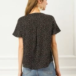 Allegra K Women's Dots Printed Ruffle Sleeve Henley Button Down 1950s Vintage Blouse Tops