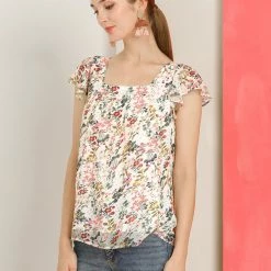 Allegra K Women's Chiffon Ruffle Sleeve Layered Floral Print Blouse Top