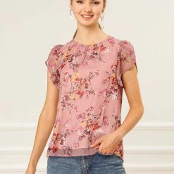Allegra K Women's Petal Sleeve Floral Printed Blouse Elegant Chiffon Top Shirt