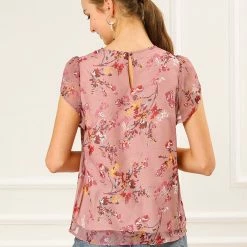 Allegra K Women's Petal Sleeve Floral Printed Blouse Elegant Chiffon Top Shirt