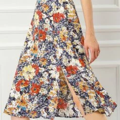Allegra K Women's Floral Print High Waist Slit A-Line Skirt