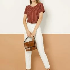 Allegra K Women's Vertical Stripes V Back Decor Button Short Sleeve Tee Tops