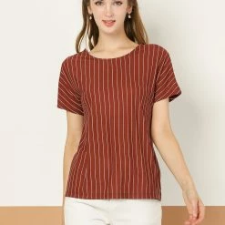 Allegra K Women's Vertical Stripes V Back Decor Button Short Sleeve Tee Tops