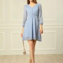 Allegra K Women's Elastic Waist Flowy Dress V Neck 3/4 Sleeve A-line Chiffon Dresses