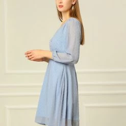 Allegra K Women's Elastic Waist Flowy Dress V Neck 3/4 Sleeve A-line Chiffon Dresses