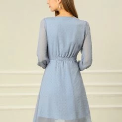 Allegra K Women's Elastic Waist Flowy Dress V Neck 3/4 Sleeve A-line Chiffon Dresses