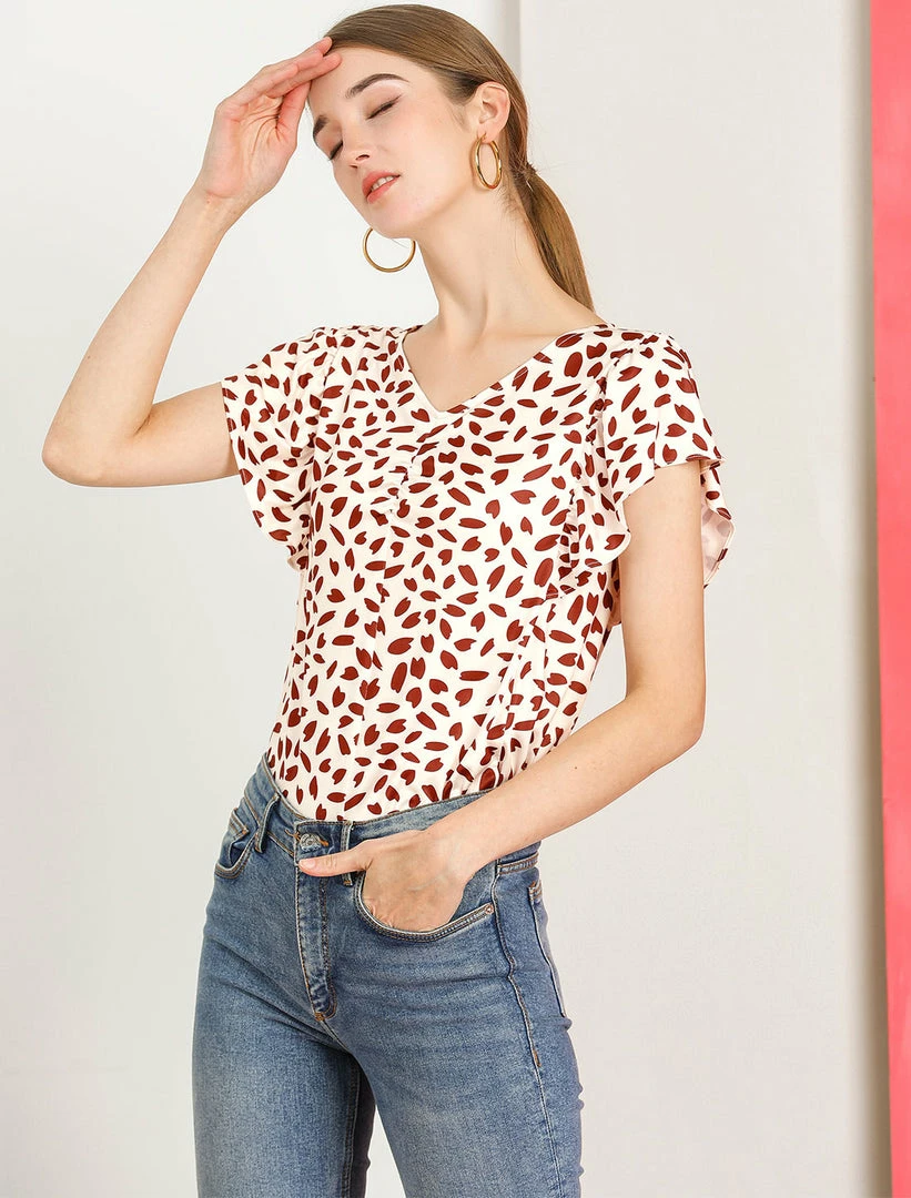 Allegra K Women's V Neck Ruched Casual Flutter Sleeve Petal Print Tops Blouse 4 Allegra K Women's V Neck Ruched Casual Flutter Sleeve Petal Print Tops Blouse