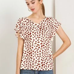 Allegra K Women's V Neck Ruched Casual Flutter Sleeve Petal Print Tops Blouse 16 Allegra K Women's V Neck Ruched Casual Flutter Sleeve Petal Print Tops Blouse