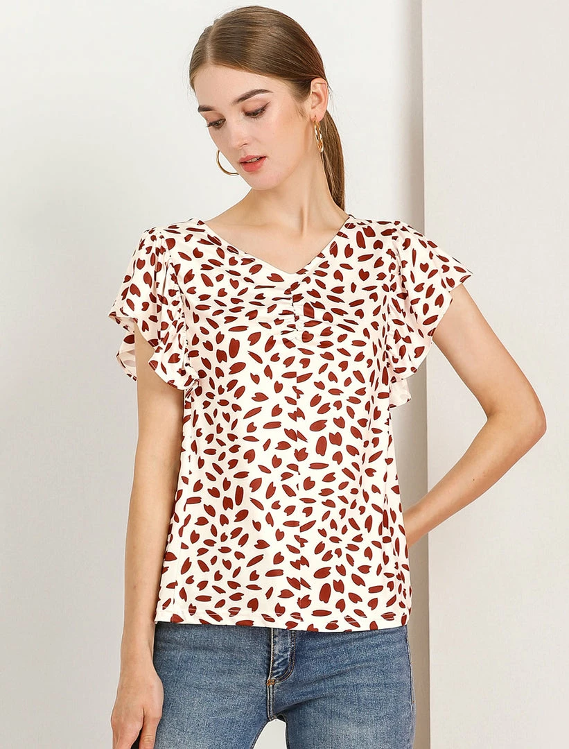 Allegra K Women's V Neck Ruched Casual Flutter Sleeve Petal Print Tops Blouse 5 Allegra K Women's V Neck Ruched Casual Flutter Sleeve Petal Print Tops Blouse