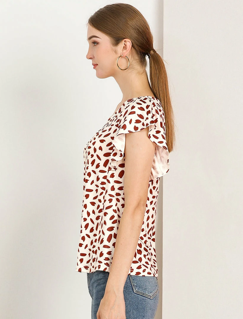 Allegra K Women's V Neck Ruched Casual Flutter Sleeve Petal Print Tops Blouse 6 Allegra K Women's V Neck Ruched Casual Flutter Sleeve Petal Print Tops Blouse