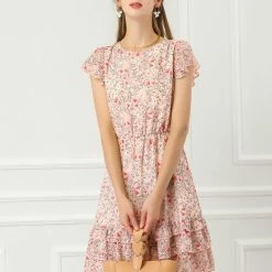 Allegra K Women's Floral Print Chiffon Dress Above Knee A-Line Layered Ruffle Dress