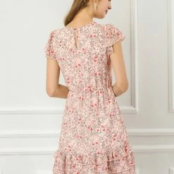 Allegra K Women's Floral Print Chiffon Dress Above Knee A-Line Layered Ruffle Dress