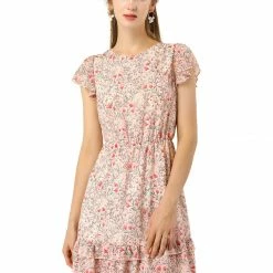Allegra K Women's Floral Print Chiffon Dress Above Knee A-Line Layered Ruffle Dress