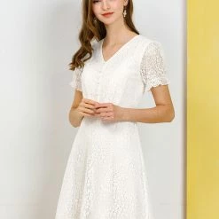 Allegra K Women's Lace Floral V Neck Puff Sleeves Elegant Cocktail A Line Dress