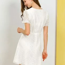 Allegra K Women's Lace Floral V Neck Puff Sleeves Elegant Cocktail A Line Dress