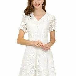 Allegra K Women's Lace Floral V Neck Puff Sleeves Elegant Cocktail A Line Dress