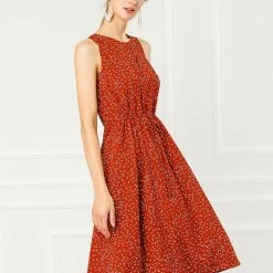 Allegra K Women's Printed Split Neck Drawstring Waist Sleeveless A-Line Dress