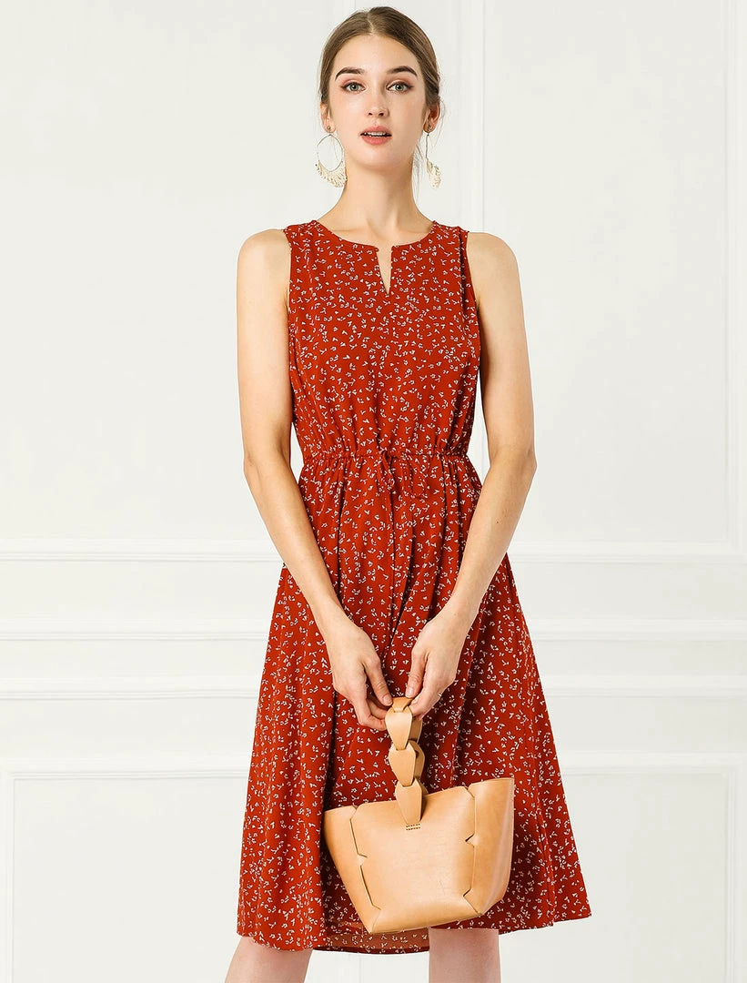 Allegra K Women's Printed Split Neck Drawstring Waist Sleeveless A-Line Dress 5 Allegra K Women's Printed Split Neck Drawstring Waist Sleeveless A-Line Dress