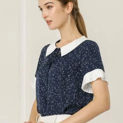 Allegra K Women's Contrast Doll Collar Polka Dots Top Valentine's Day Short Sleeves Blouse