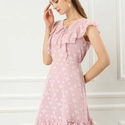 Allegra K New Romantic Women's Floral Tie V Neck Flutter Sleeves High Waist Ruffled Hem Dress