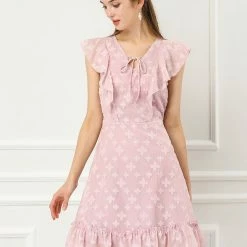 Allegra K New Romantic Women's Floral Tie V Neck Flutter Sleeves High Waist Ruffled Hem Dress