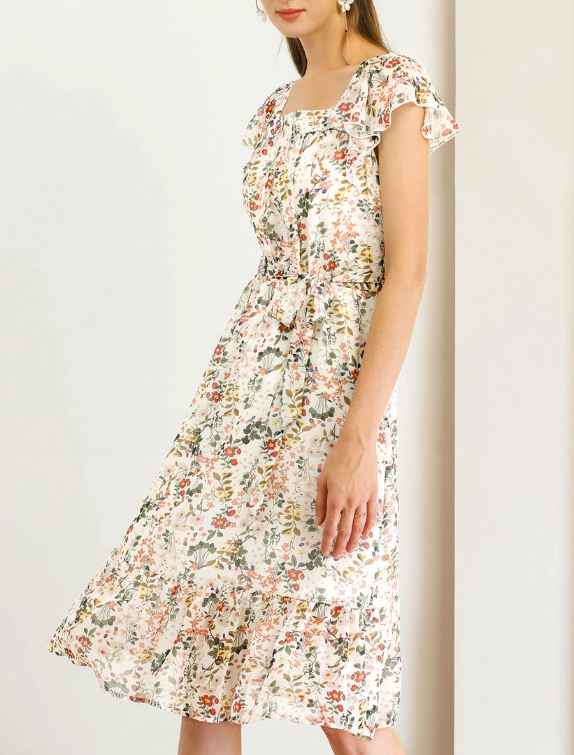 Allegra K Women's Boho Flutter Sleeve Belted Square Neck Ruffled Hem Midi Dress 4 Allegra K Women's Boho Flutter Sleeve Belted Square Neck Ruffled Hem Midi Dress