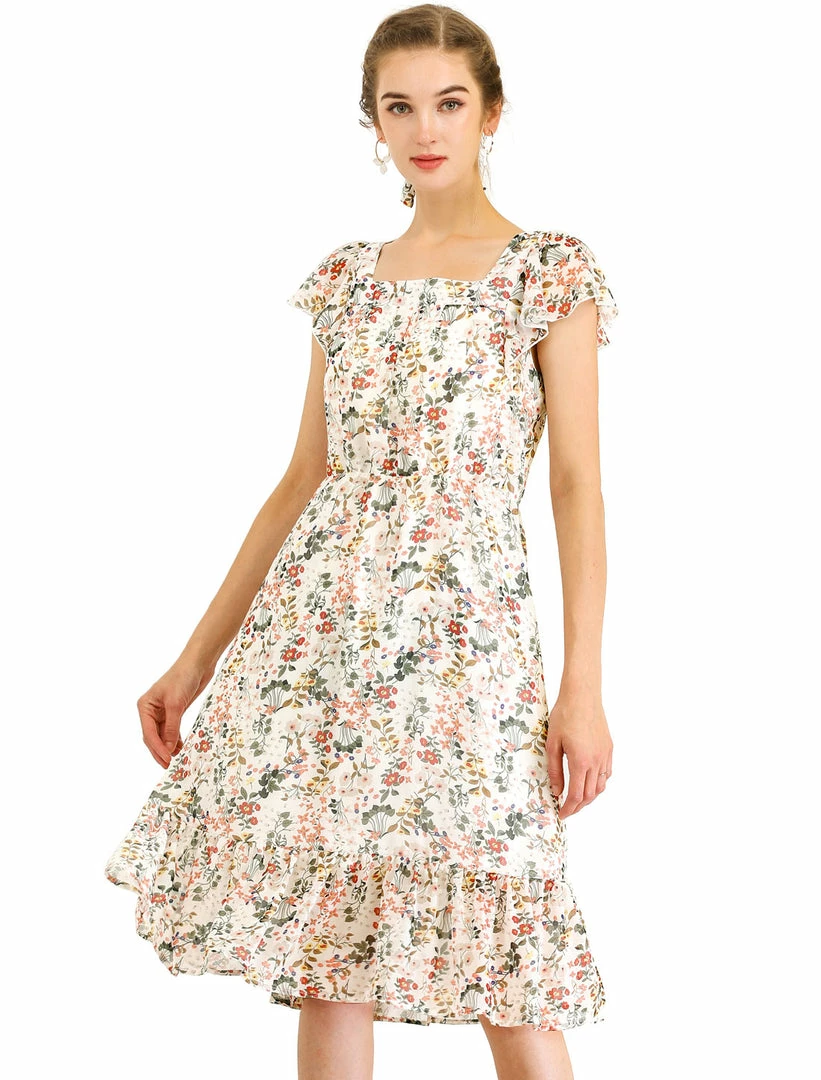 Allegra K Women's Boho Flutter Sleeve Belted Square Neck Ruffled Hem Midi Dress 3 Allegra K Women's Boho Flutter Sleeve Belted Square Neck Ruffled Hem Midi Dress