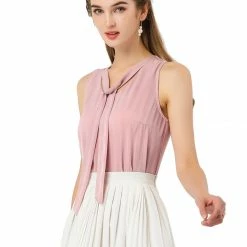 Allegra K Women's Satin Stripes Sleeveless Bow Tie Office Chiffon Elegant Blouse