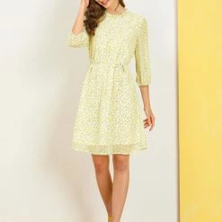 Allegra K Women's Floral Ruffle Trim Neckline Tie Waist Vintage A-Line Dress