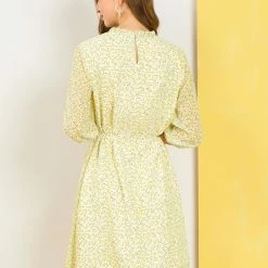 Allegra K Women's Floral Ruffle Trim Neckline Tie Waist Vintage A-Line Dress