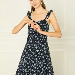 Allegra K Women's Chiffon Floral Print Beach Ruffle Spaghetti Strap Dress