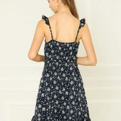 Allegra K Women's Chiffon Floral Print Beach Ruffle Spaghetti Strap Dress