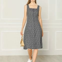 Allegra K Women's Sleeveless Square Neck A-Line Houndstooth Print Dress