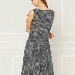 Allegra K Women's Sleeveless Square Neck A-Line Houndstooth Print Dress