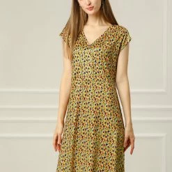 Allegra K Women's Cap Sleeve A-Line Print Belted V Neck Knee Length Dress