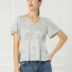 Allegra K Women's Flare Short Sleeve V-neck T-shirt Keyhole Back Top